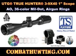 UTG TRUE HUNTER 3-9X40 1" Scope, AO, 36-color Mil-dot With Airgun Rings