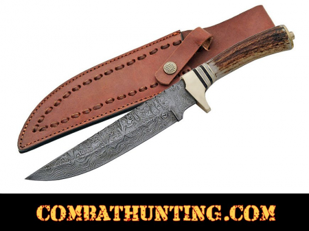 Damascus Steel Bowie Knife With Stag Horn Handle