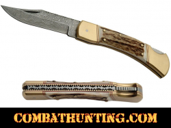 Damascus Folding Knife With Bone Handle Lockback