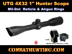 UTG 4X32 1" Hunter Scope, Mil-dot, 22/Airgun Rings, Adj@35 Yds