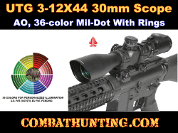 UTG 3-12X44 30mm Scope, AO, 36-color Mil-dot, w/ Rings
