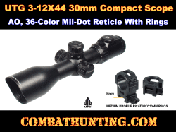 UTG 3-12X44 30mm Compact Scope, AO, 36-color Mil-dot, Rings