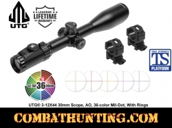 UTG 3-12X44 30mm Scope, AO, 36-color Mil-dot, w/ Rings