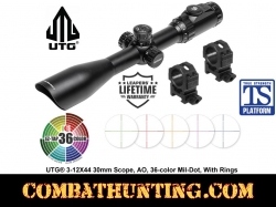 UTG 3-12X44 30mm Scope, AO, 36-color Mil-dot, w/ Rings