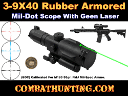 AR-15 Scope 3-9X40 Rubber Armored Mil-Dot Illuminated & Green Laser