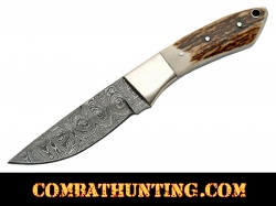 Damascus Steel Fixed Blade Knife With Stag Horn Handle