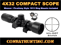 4X32 Compact Rifle Scope With Rings Mil-Dot Sniper Reticle