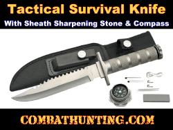 Silver Survival Knife With Compass and Sheath