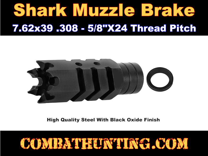 Shark Muzzle Brake .308 Caliber 5/8 X 24 Thread Pitch & Crush Washer style=