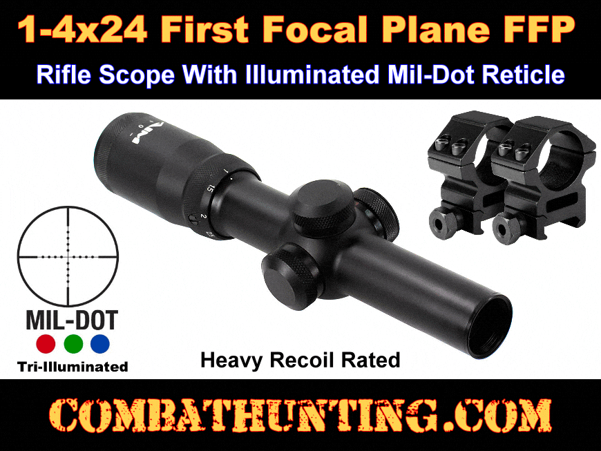 1-4x24 First Focal Plane Rifle Scope Illuminated Mil-Dot Reticle style=