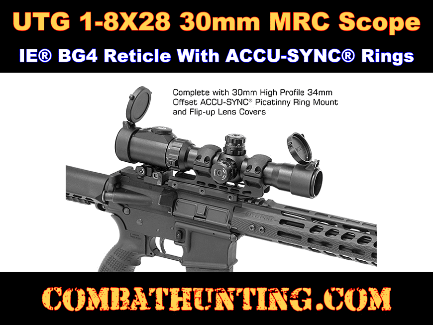 UTG 1-8X28 30mm MRC Scope, IE BG4 Reticle & ACCU-SYNC Ring Mount style=