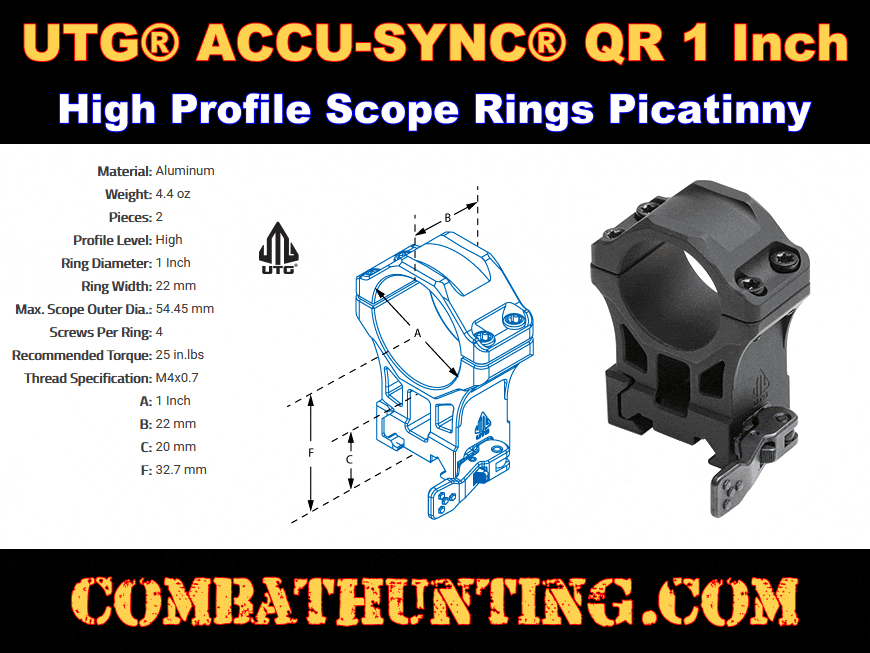 1 Inch Scope Rings For Picatinny Rail UTG® QR High Profile style=