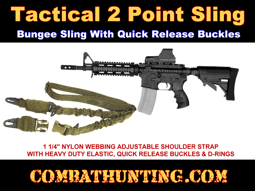 Green 2 Point 1.25 inch Webbing Rifle Sling with Quick Release Steel Hooks & D Ring