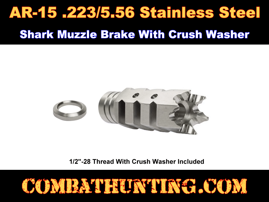 AR-15 .223/5.56 Stainless Steel Shark Muzzle Brake w/Crush Washer style=