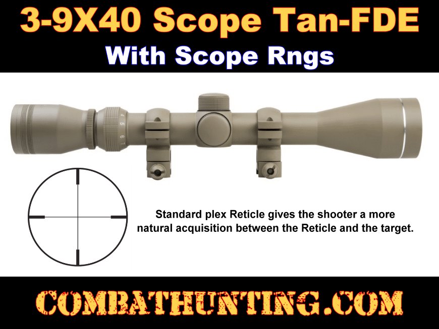3-9x40 rifle scope Plex Reticle Tan-FDE With Weaver/Picatinny Rings style=