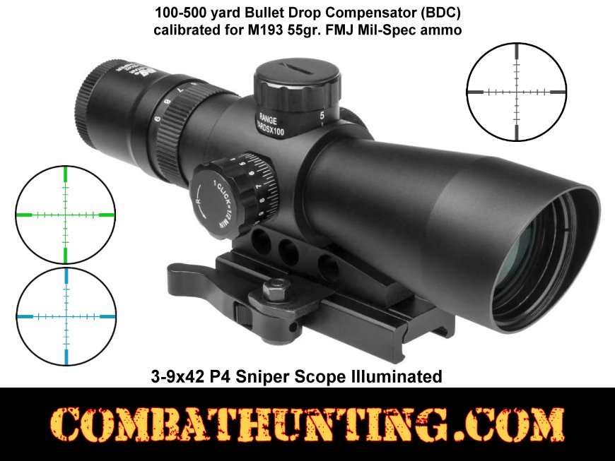 3-9x42mm AR-15 Rifle Scope P4 Sniper BDC With QD Mount style=