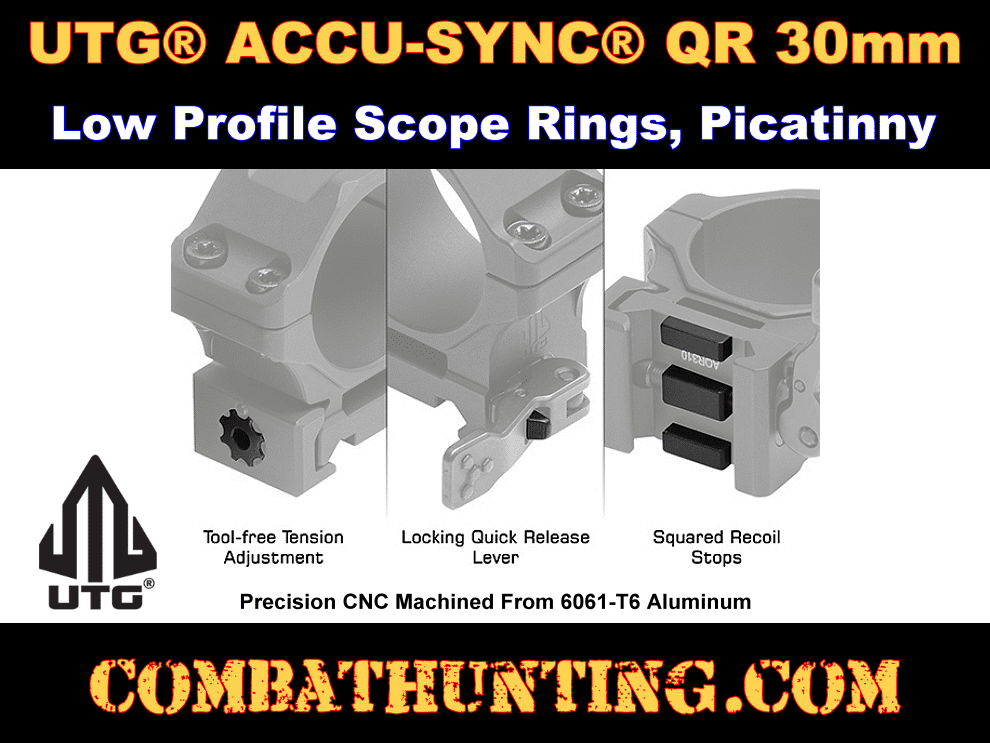 UTG ACCU-SYNC QR 30mm Low Profile Scope Rings Picatinny style=