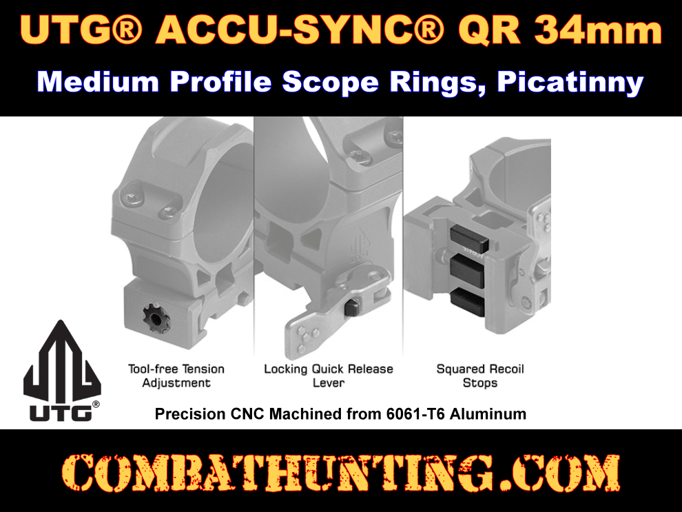 UTG ACCU-SYNC QR 34mm Medium Profile Scope Rings Picatinny style=
