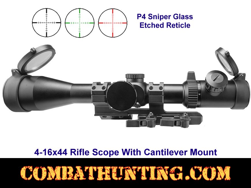4-16x44 Rifle Scope & Cantilever Mount P4 Sniper Glass Etched Reticle style=