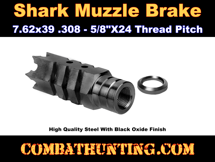 Shark Muzzle Brake .308 Caliber 5/8 X 24 Thread Pitch & Crush Washer style=