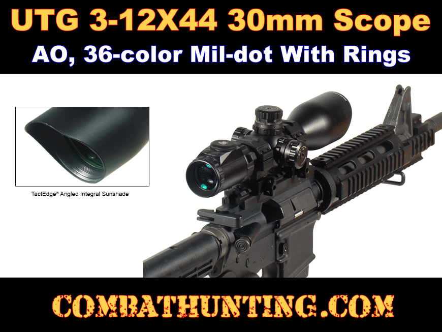 UTG 3-12X44 30mm Scope, AO, 36-color Mil-dot, w/ Rings style=