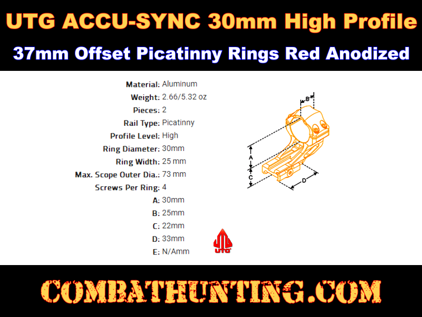 UTG ACCU-SYNC 30mm High Profile 37mm Offset Picatinny Rings Red Anodized style=