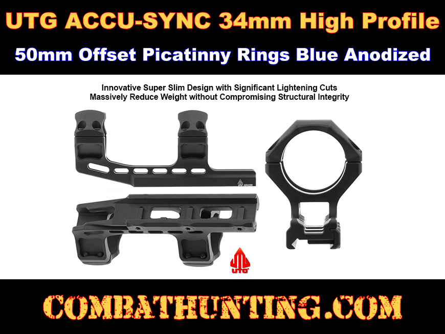 UTG ACCU-SYNC 34mm High Profile 50mm Offset Picatinny Rings Blue Anodized style=