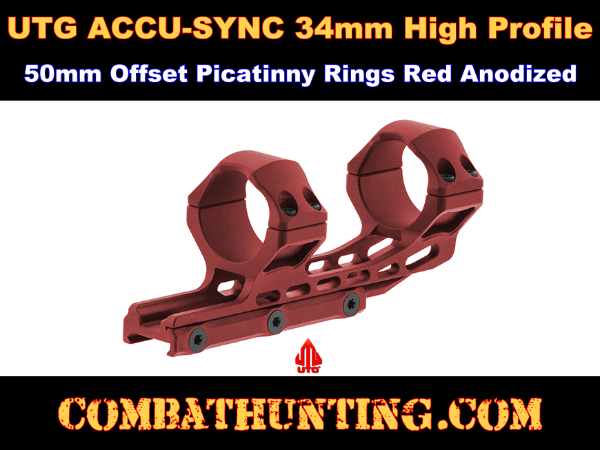 UTG ACCU-SYNC 34mm High Profile 50mm Offset Picatinny Rings Red Anodized style=