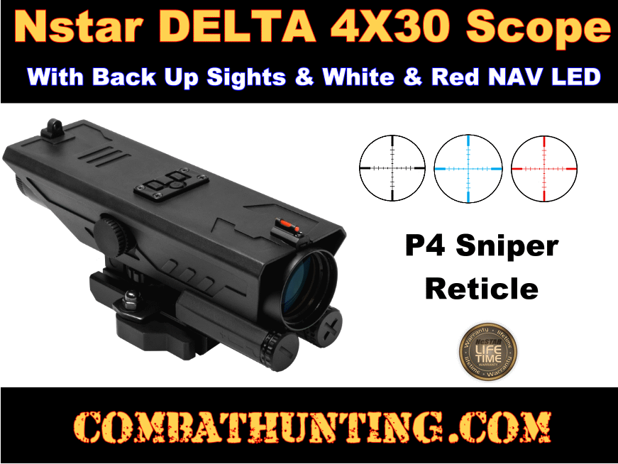 AR-15 Scope 4X30 P4 Sniper Reticle Illuminated With Back Up Iron Sights style=