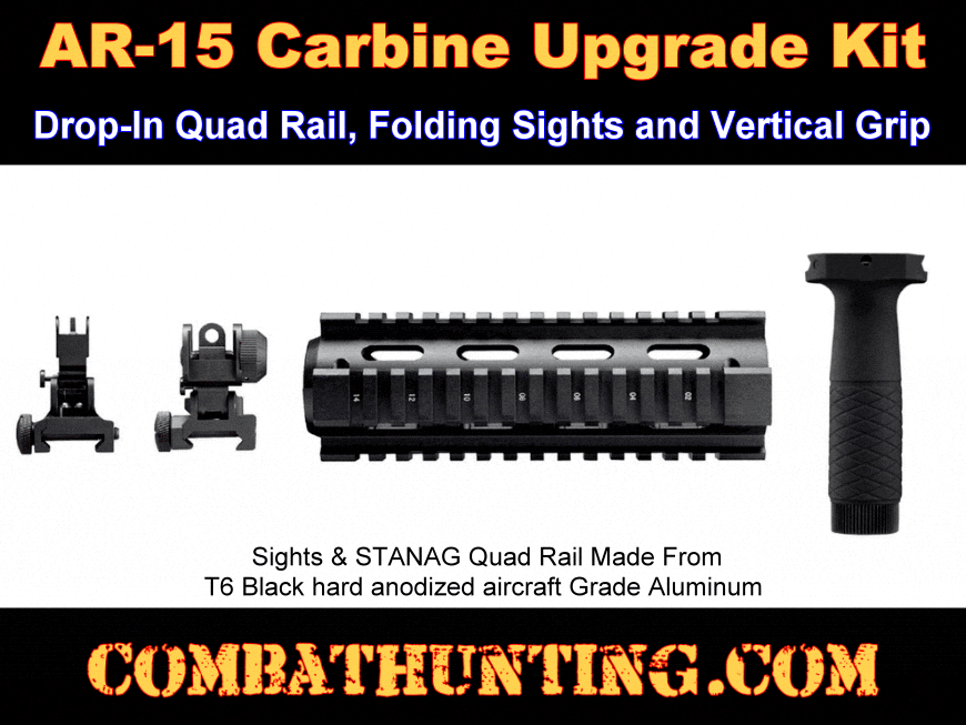 AR-15 Drop-In Carbine Quad Rail, Front-Rear Sights, Vertical Grip Upgrade Kit style=