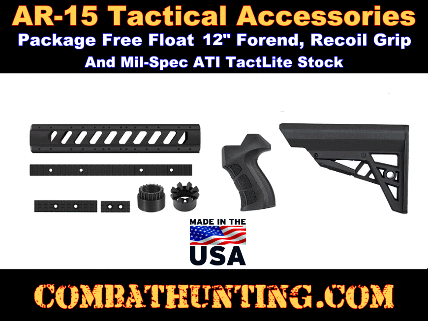 AR-15 Upgrade Kit Tactical Package Free Float Handguard 12 inch, Grip & Mil-Spec Stock style=