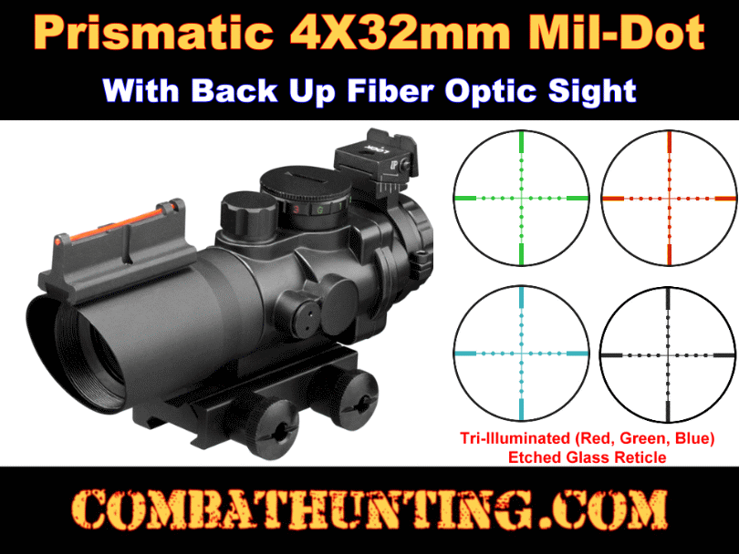 4x32 Compact Rifle Scope Green Blue Red Illuminated Reticle w/ Fiber Optic Sight 