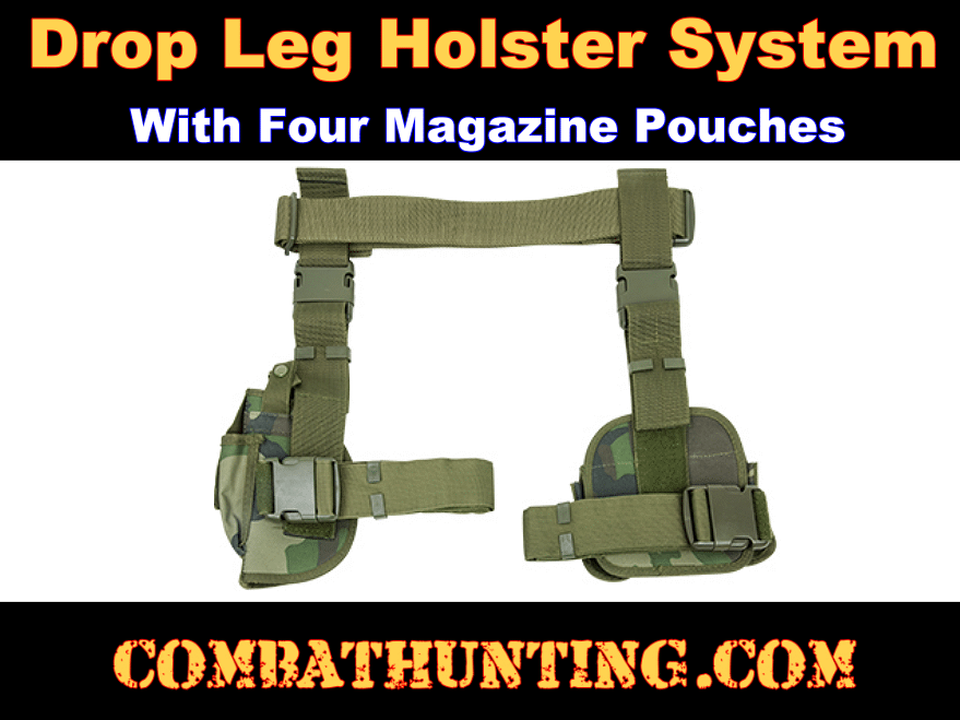 Drop Leg Holster With Magazine Holder/Pouch & Belt Woodland Camo style=
