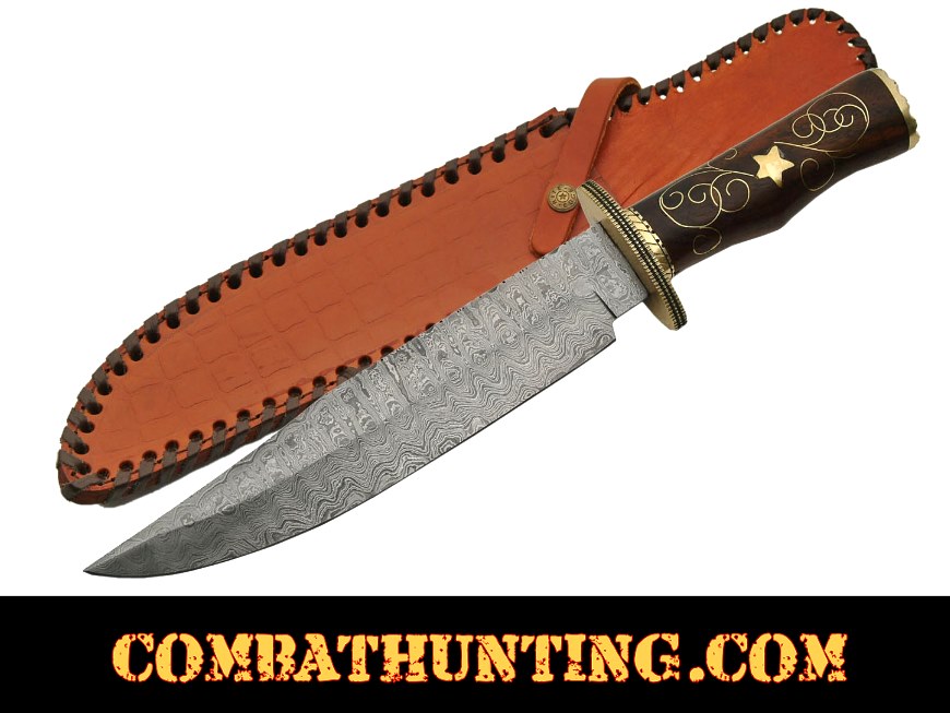 Damascus Steel 16'' Hunting Bowie Knife Rose Wood Handle with Leather Sheath. 