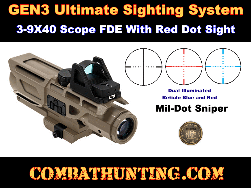 Gen3 USS 3-9x40 Scope W/Red Dot/Mil-dot Tan/FDE style=