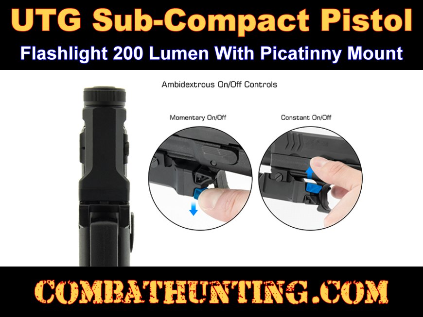 UTG Sub Compact Pistol Flashlight 200 Lumen Picatinny Mount style=