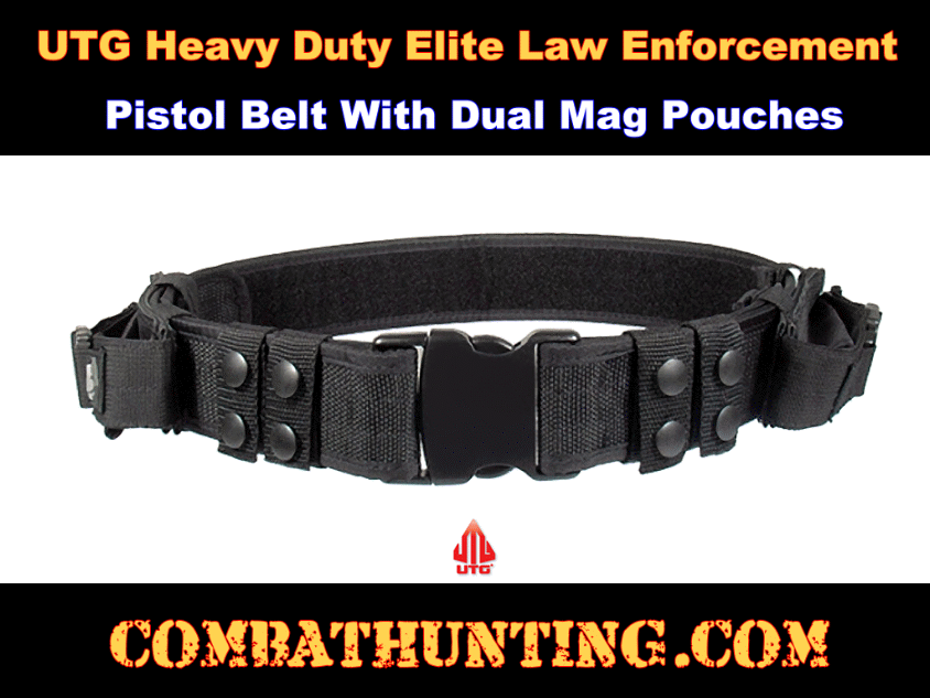 Black UTG Heavy Duty Elite Law Enforcement Pistol Belt with Dual Mag Pouches style=