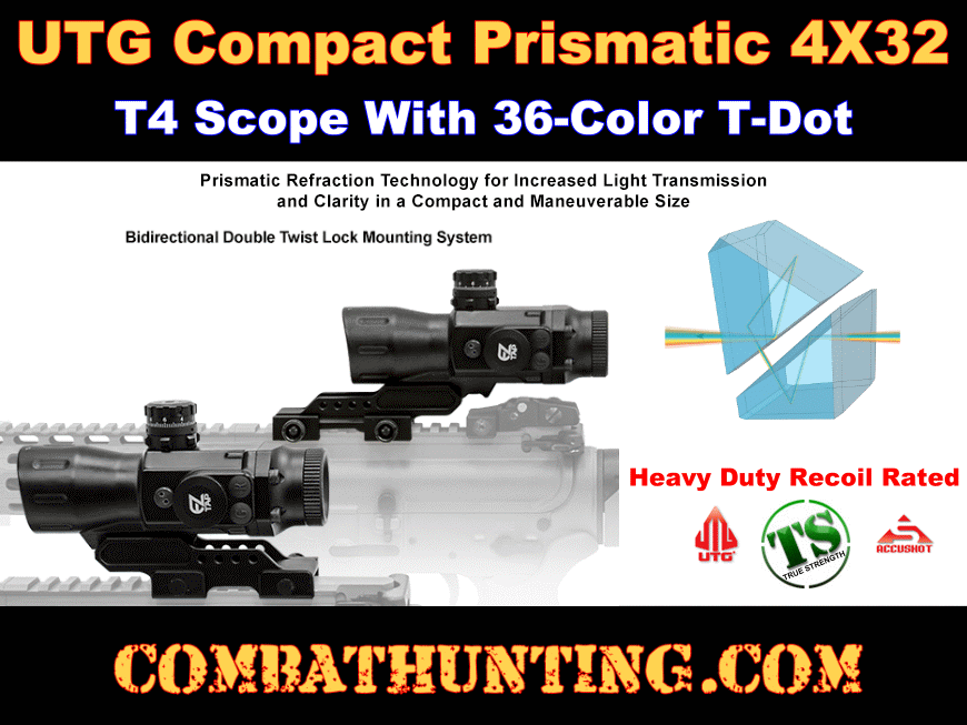 UTG Compact Prismatic 4X32 T4 Scope 36-Color T-DOT style=
