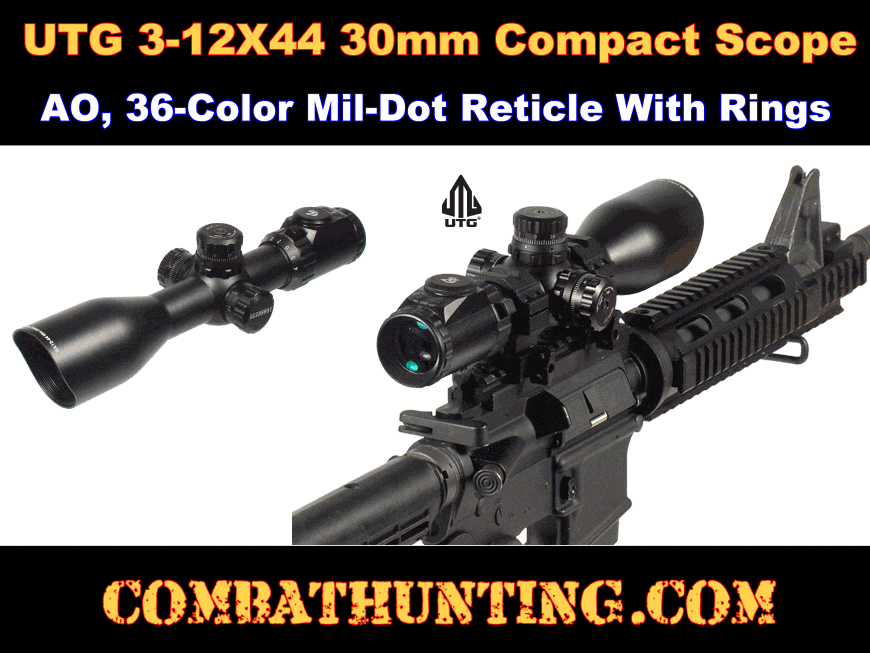 UTG 3-12X44 30mm Compact Scope, AO, 36-color Mil-dot, Rings style=