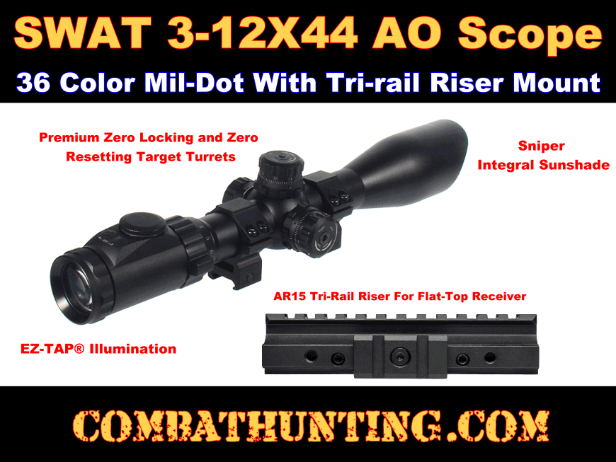AR15 Flatop 3-12X44 Full Size AO Mil-dot Sniper Scope style=