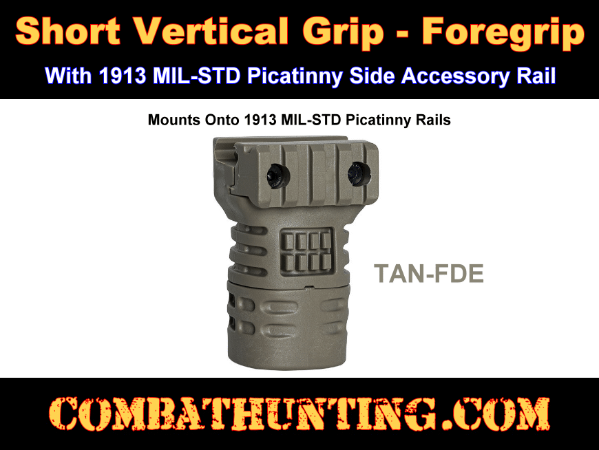 Short Vertical Grip-Foregrip Tan/FDE With Storage Picatinny style=