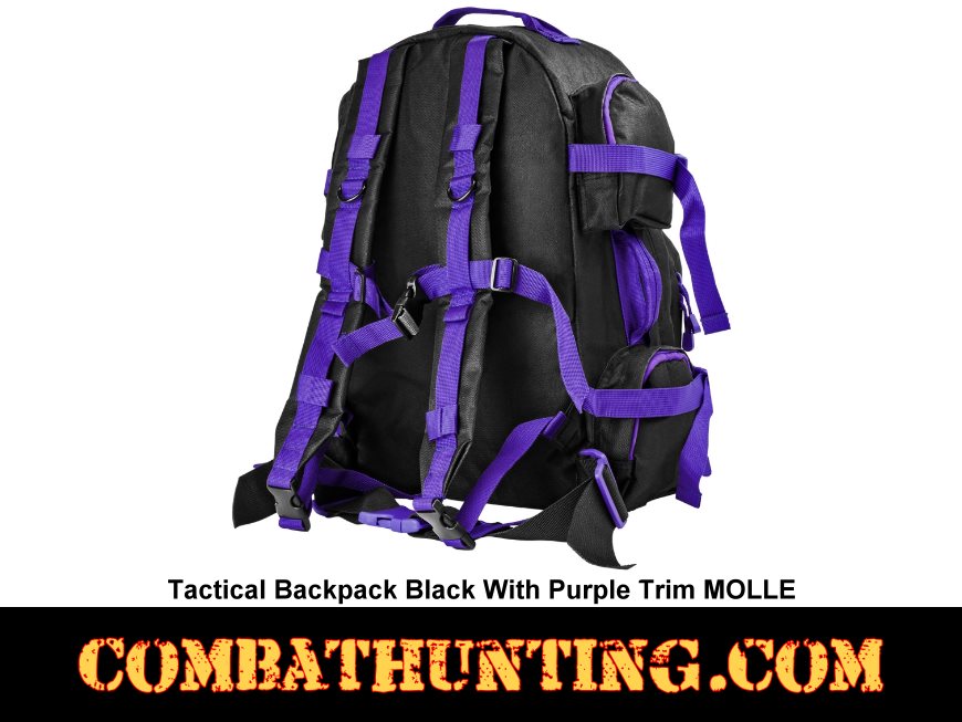 Tactical Backpack Black With Purple Trim MOLLE style=