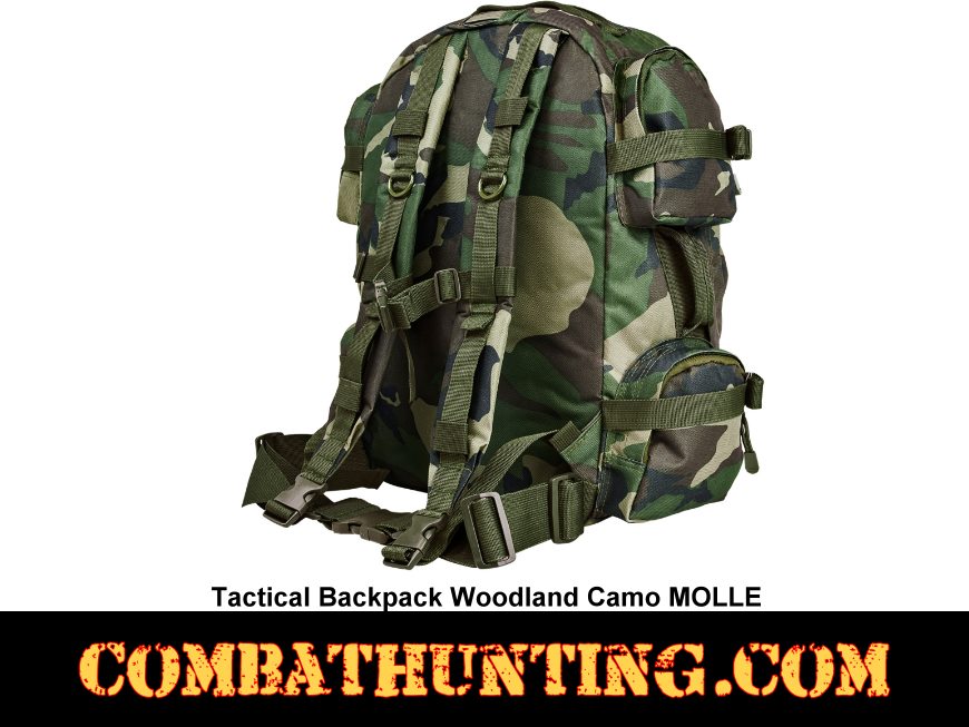 Tactical Backpack Woodland Camo MOLLE style=