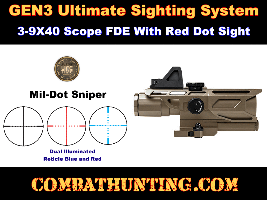 Gen3 USS 3-9x40 Scope W/Red Dot/Mil-dot Tan/FDE style=