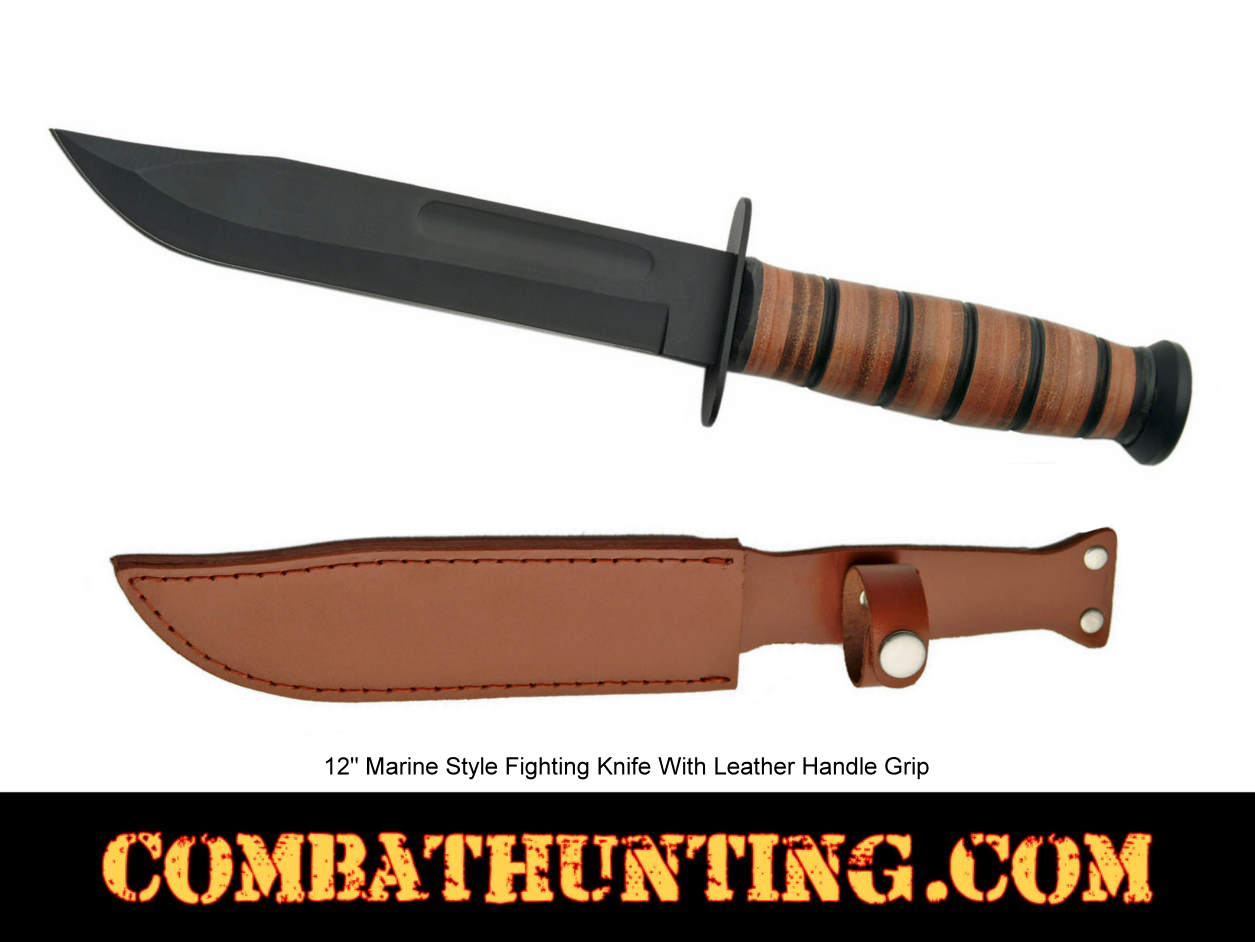 USMC Style Fighting Knife Black Plain Blade style=