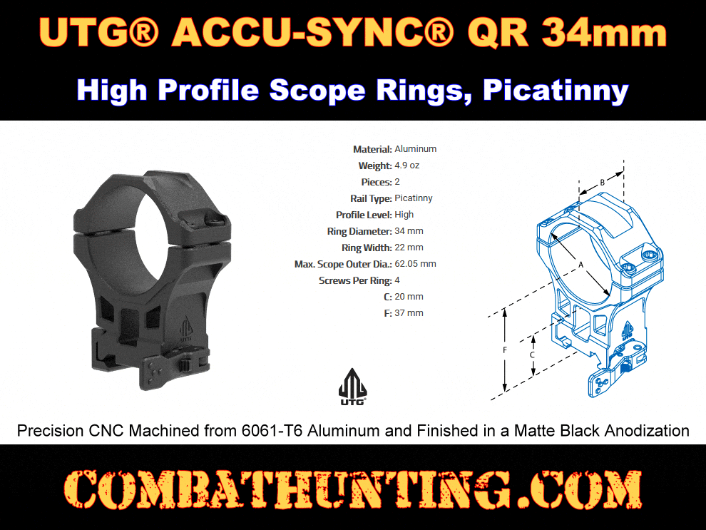 UTG ACCU-SYNC QR 34mm High Profile Scope Rings Picatinny style=