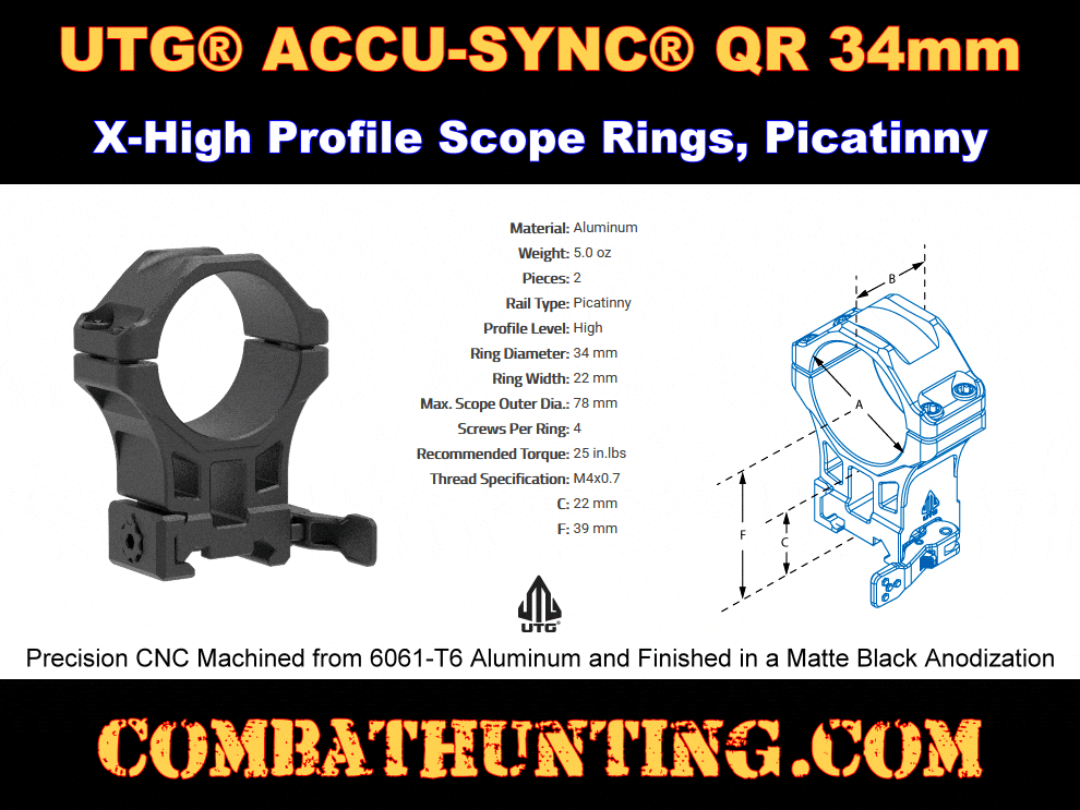 UTG ACCU-SYNC QR 34mm X-High Profile Rings Picatinny style=