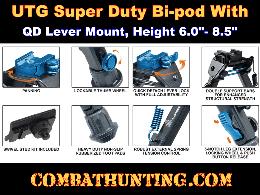 UTG Super Duty Bipod With Quick Detach Lever - Height Adjustable 6"-8.5"