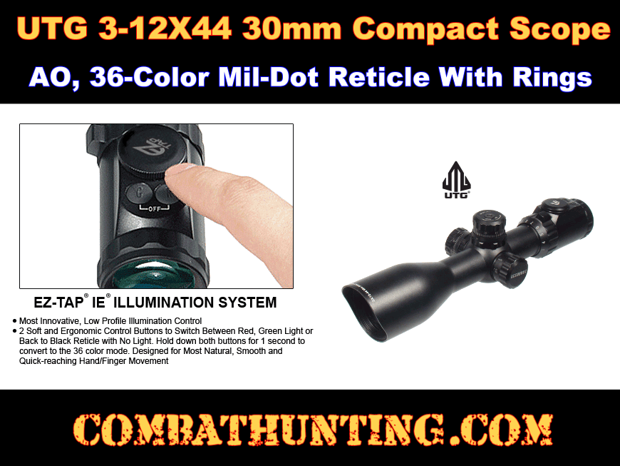 UTG 3-12X44 30mm Compact Scope, AO, 36-color Mil-dot, Rings style=