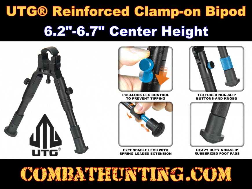 UTG New Gen Reinforced Clamp-on Bipod, Cent Ht 6.2
